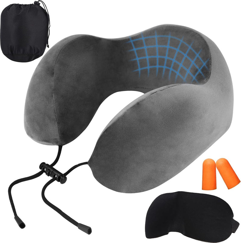 Vliegtuigautoreiskussen gemaakt van traagschuim met fluweelzachte hoes, superlicht draagbaar hoofdsteun nekkussen volwassenen voor kamperen, reizen, vliegtuig, trein, auto, kantoor (donkergrijs)