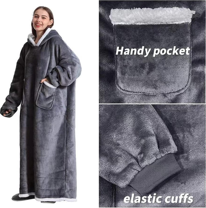 Knuffeldeken met mouwen, deken met mouwen en capuchon, oversized, enorme hoodiedeken met 2 voorzakken, zacht, warm, flanel, draagbaar, full-body deken, volwassenen, uniseks, donkergrijs