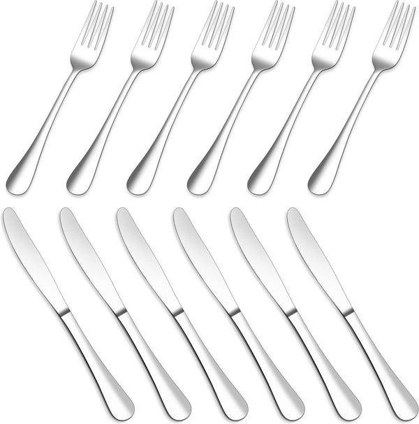 Steakbestekset, 12-delige roestvrijstalen tafelmessen en tafelvorken, steakbestekset voor 6 personen, messen en vorken, set voor huis/restaurant, hoogglans gepolijst en vaatwasmachinebestendig