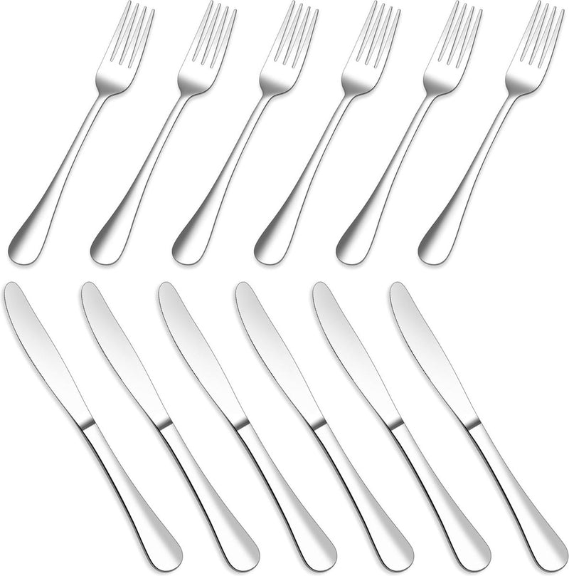 Steakbestekset, 12-delige roestvrijstalen tafelmessen en tafelvorken, steakbestekset voor 6 personen, messen en vorken, set voor huis/restaurant, hoogglans gepolijst en vaatwasmachinebestendig