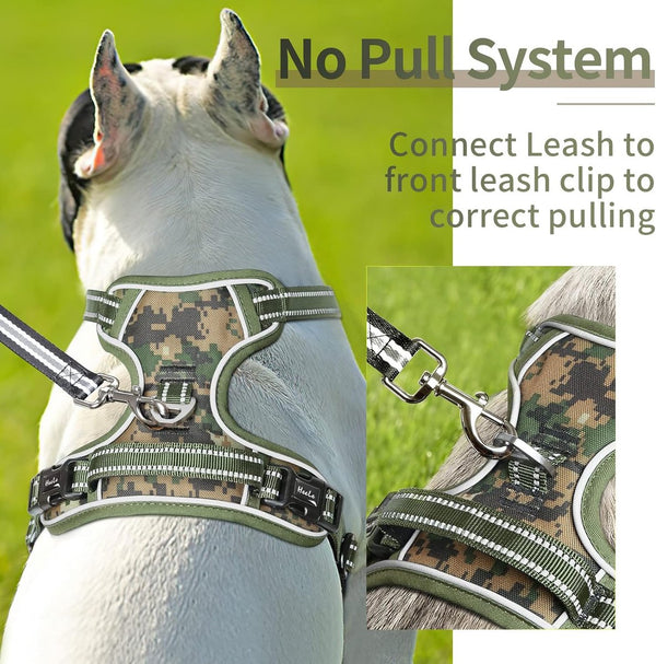 Hondenharnas, hondentuigje voor middelgrote honden, camouflage, gevoerd, No Pull harnas voor honden, met handvat, verstelbaar, reflecterend, camouflagegroen, M