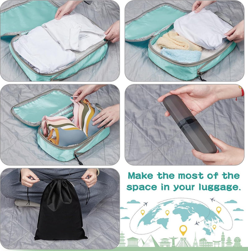 Koffer-organizerset, 9 stuks, Packing Cubes, waterdichte reis-kledingtassen, verpakkingskubus, uitbreidbare paktassen, bagage-organizer voor reizen of thuis blauw