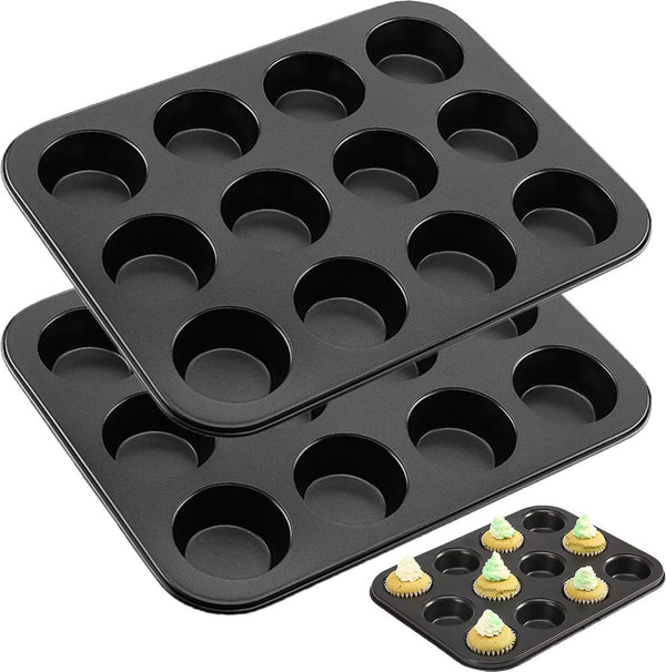 2 stuks muffinvorm, muffinplaat voor 12 muffins, koolstofstaal muffin bakvorm, bakvorm met antiaanbaklaag, zwarte muffinvorm, bakvorm, bakplaat, muffins bakvorm