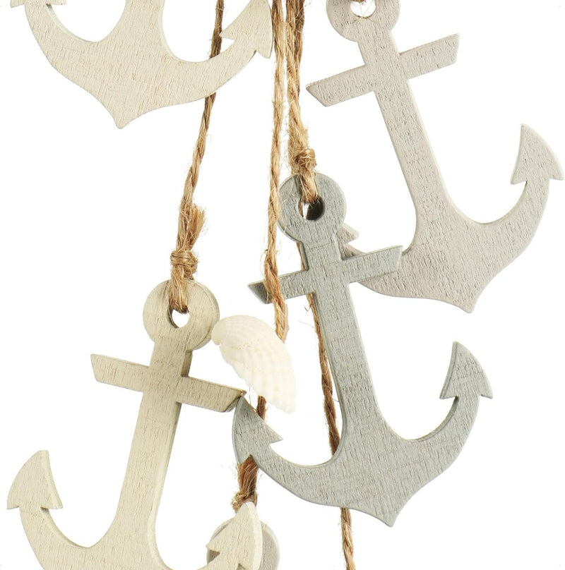 3 x hangdecoratie, maritiem, decoratie om op te hangen, stuurwiel, anker en vuurtoren met schelpen, hangdecoratie van hout (3 stuks, grijs/wit/blauw)