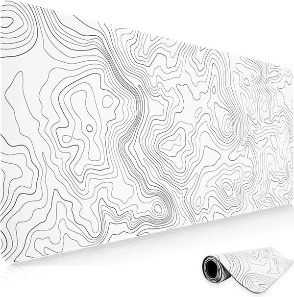 Muismat voor gaming, XXL, wit, minimalistische topografische kaarten, bureauonderlegger, muismat met rubberen antislip, verbeterde precisie en snelheid, muismat voor kantoor, thuis, 800 x 350 mm