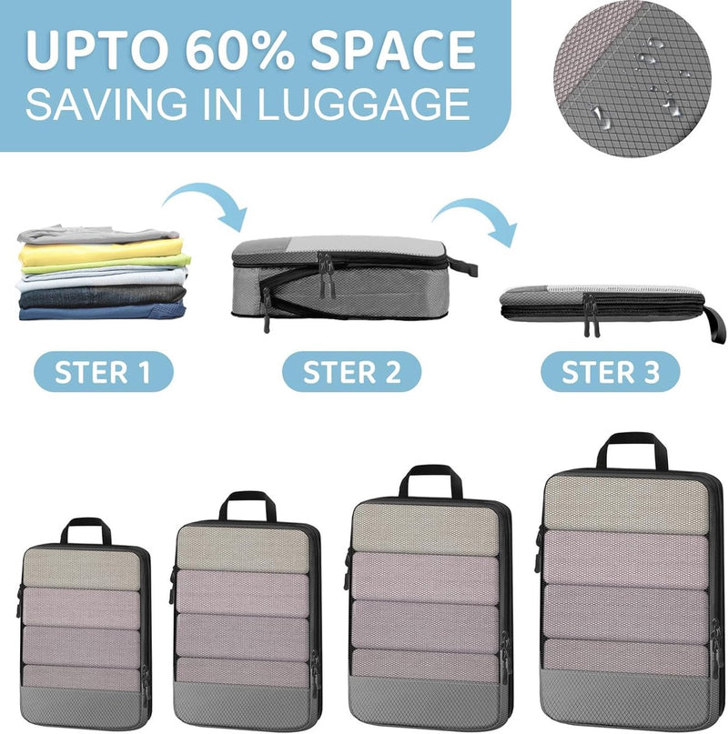 Kofferorganizer, set van 7 verpakkingsblokjes compressie kofferorganizer set verpakkingsblokjes compressie, ultralichte reisorganisator verpakkingstassen voor koffers met cosmetische tas, grijs
