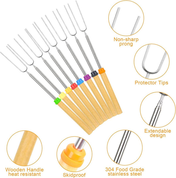 Barbecuespiesjes van roestvrij staal 8 stuks Barbecuevorken Uitschuifbaar roestvrij staal met houten handvat Telescopische marshmallow-kebabspiesjes Barbecuebestek BBQ-stick Broodspiesjes voor