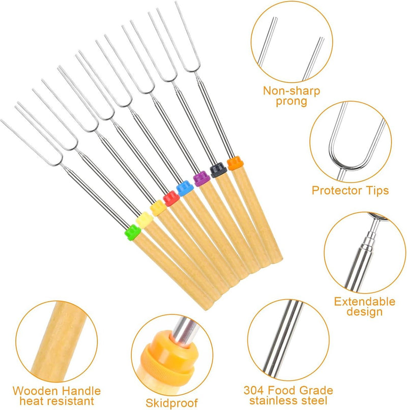 Barbecuespiesjes van roestvrij staal 8 stuks Barbecuevorken Uitschuifbaar roestvrij staal met houten handvat Telescopische marshmallow-kebabspiesjes Barbecuebestek BBQ-stick Broodspiesjes voor