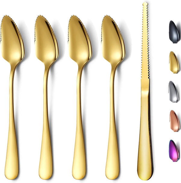 Gold Grapefruit Spoon Set of 5, 4 Stainless Steel Grapefruit Spoons and 1 Titanium Coated Grapefruit Knife, Grapefruit Utensil Set, Serrated Edge Spoons Pack of 5 (Gold)