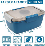 Broodtrommel met vakken, 2000 ml, broodtrommel voor kinderen en volwassenen, slacontainer, slabox, lekvrij, bento box, snackbox met 4 vakken, slakom voor school, kantoor, BPA-vrij