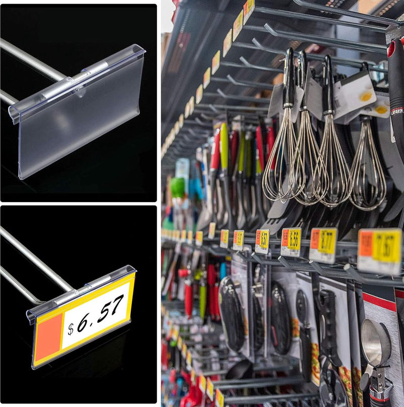 50 stuks etikettenhouders van kunststof, transparant, prijsbordhouder, kunststof rek, etikettenhouder voor draadrekken voor prijsetiketten voor goederenverzachting, 8 cm x 4,2 cm