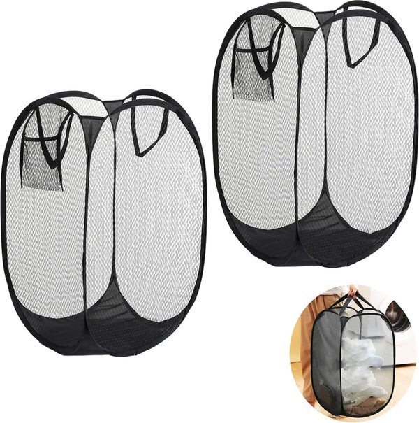 2 stuks opvouwbare wasmandset, pop-up 75 liter, wasmand, opvouwbaar, met zijzak, wasverzamelaar met handgrepen, wasmand voor bijkeuken, netjes opbergen van kleding (zwart)