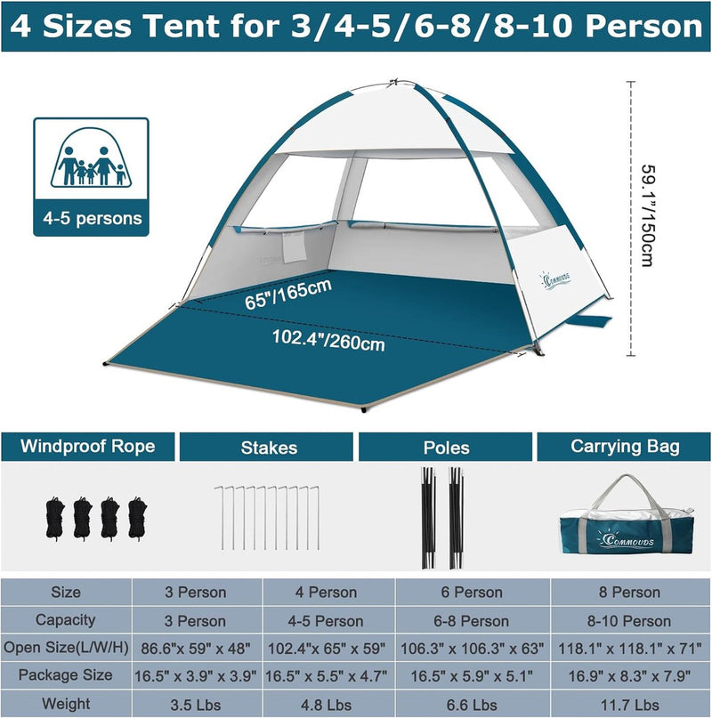Strandschelpen voor 4-5 personen, draagbare strandtent met uv-bescherming 50+, familie-zonnetent strand met 2 mesh-ramen, snelle montage, eenvoudig dragen, parasol, strandtent voor buiten