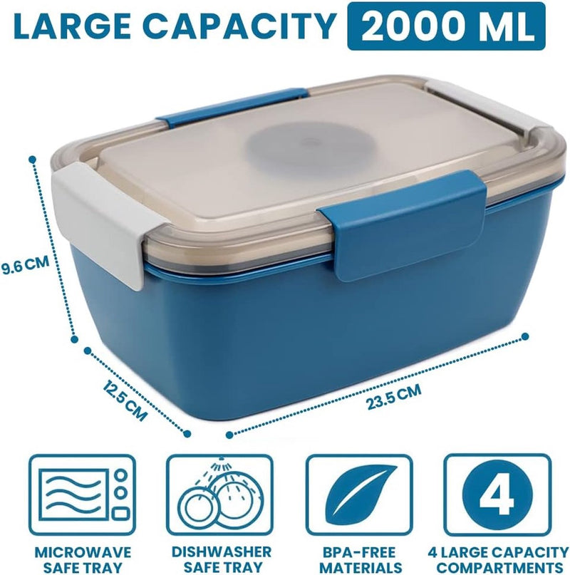 Broodtrommel met vakken, 2000 ml, broodtrommel voor kinderen en volwassenen, slacontainer, slabox, lekvrij, bento box, snackbox met 4 vakken, slakom voor school, kantoor, BPA-vrij