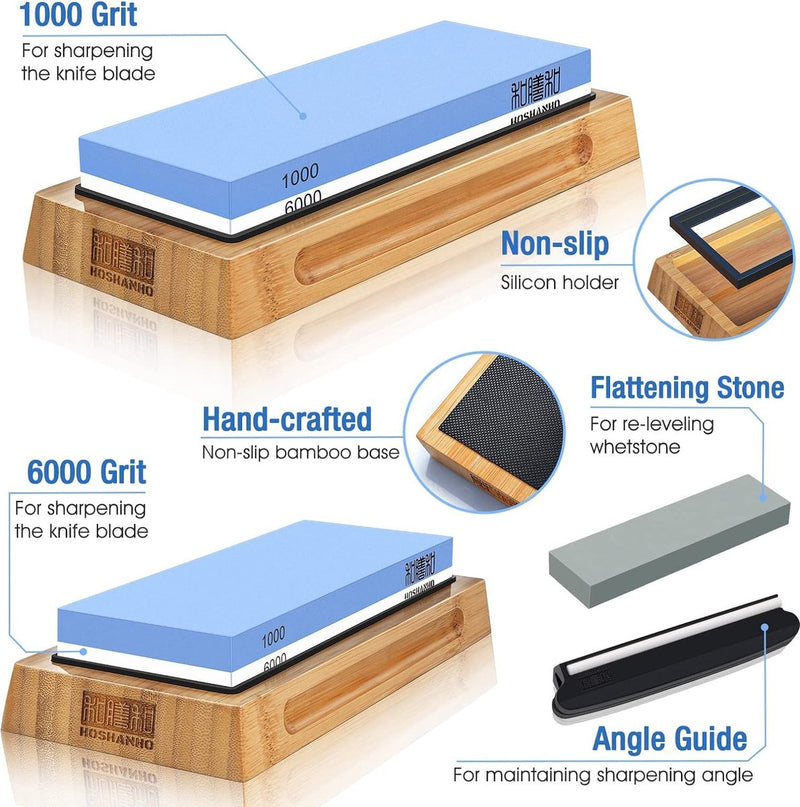 Slijpsteen mes [verbrede grootte], korrel 1000/6000 slijpsteen wetsteen professioneel 2-in-1 dubbelzijdig met aflijnsteen en hoekgeleiding, blauw/wit