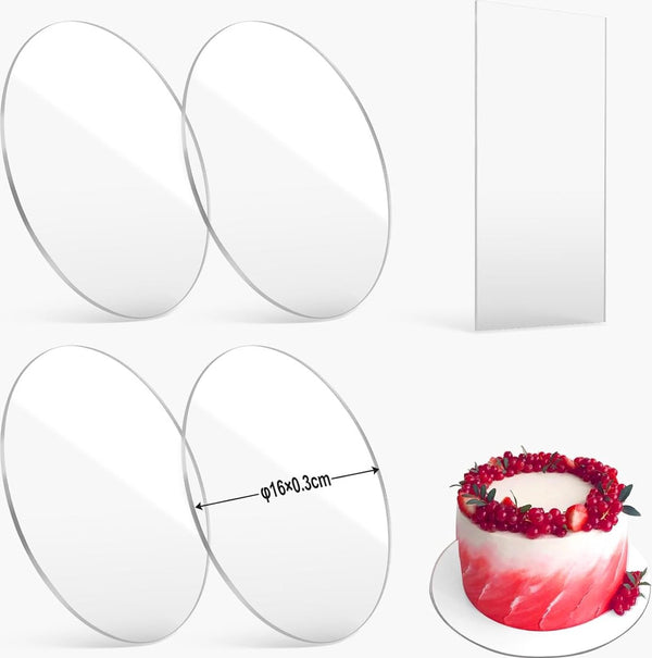 4 stuks taartplateaus rond acryl, diameter 16 cm x 3 mm, transparant met acryl taartschraper, niet-klevend taartbord voor het gladmaken en arrangeren van taarten, doe-het-zelf