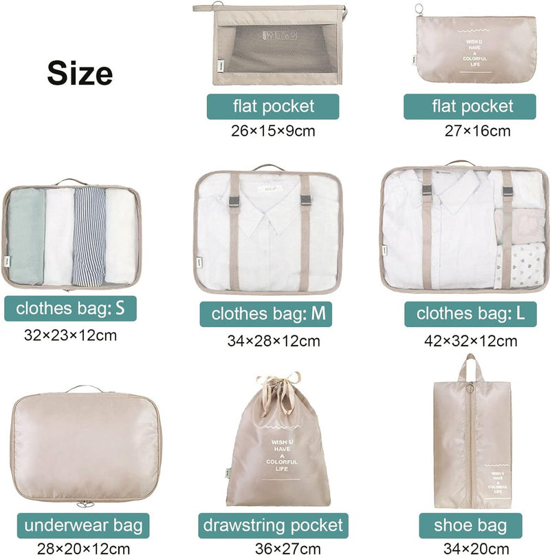 8-delige kledingtassenset, verpakkingsblokjes, compressieverpakkingszakken voor rugzak en koffer, bagage-organizer, kofferorganisator, reiskledingzakken voor kleding, schoenen, ondergoed, cosmetica, kaki