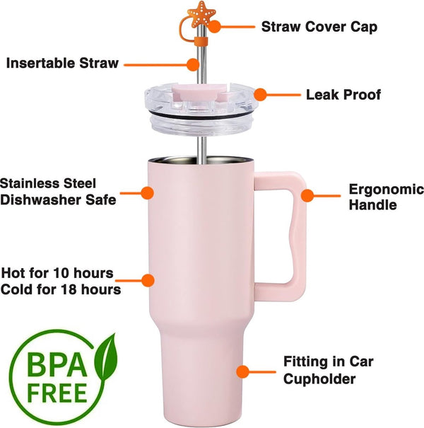 1200 ml koffiebeker om mee te nemen, dubbelwandige, roestvrijstalen vacuüm-isolatiebeker met handvat en rietje, autobeker, thermobeker, koffiebeker voor warme en koude dranken, zwart