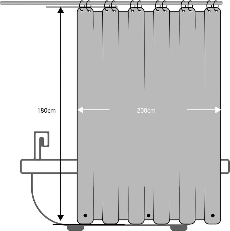 Douchegordijn, 180 x 200 cm, waterdicht douchegordijn met gewichtmagneten aan de onderkant, PEVA wasbaar badkamergordijn, antibacteriële schimmel, badgordijn met 12 douchegordijnringen