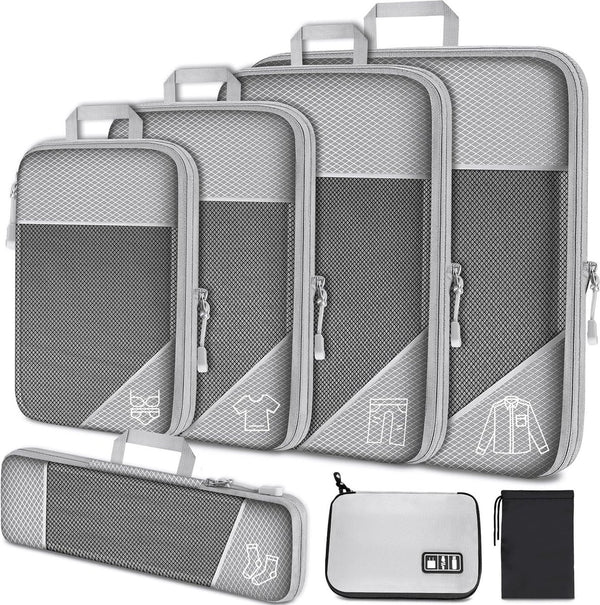 Kledingtassenset 7 kofferorganizerset, verpakkingsblokjes compressie, kofferorganisator voor op reis, verpakkingsblokjes rugzak, bagage-organizer met elektronische kabeloplader (grijs)
