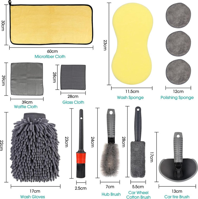 Reinigingsset voor de auto, autoreinigingsset, autoverzorgingsset, voor buiten, autowasset met bandenborstel, multifunctionele reinigingsdoekjes, voor auto, motorfiets, binnen en buiten, huishoudelijk schoonmaken