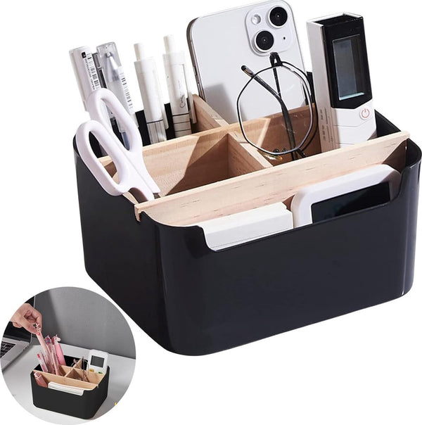 Houten desktoppen, 5 vakken, houten bureau-organizer, bureau-afstandsbedieninghouder met afneembare vakken, houten bureau-opbergdoos, multifunctionele opbergdoos voor kantoor, school en huishouden (B)