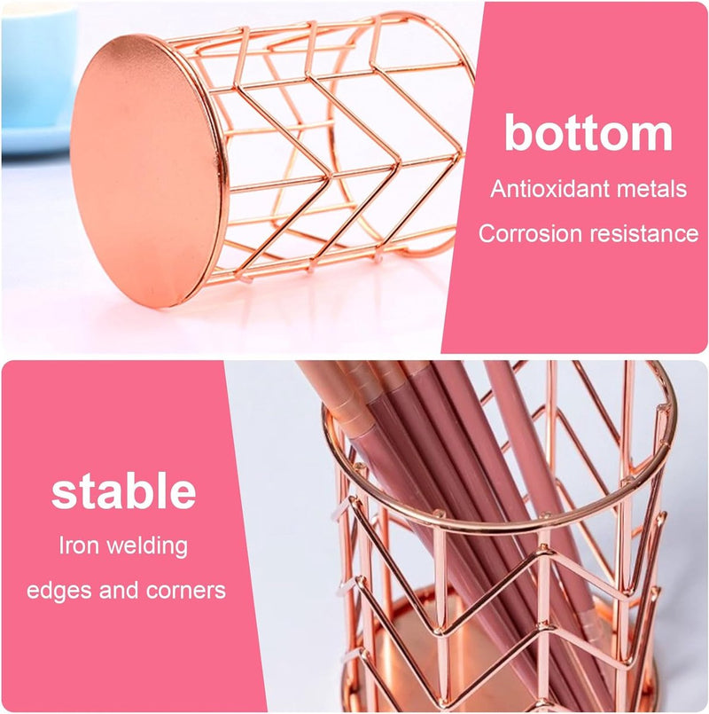 Set van 2 roségouden pennenhouder Mode opengewerkte ijzeren kunst schrijfinstrumentenhouder Make-upborstelhouder Make-upborstelhouder Potloodhouder Metalen pennenhouder Bureau (roze)