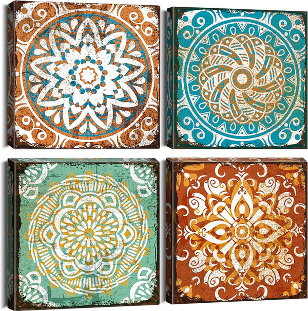 4-delige canvasafbeeldingen met houten lijst, canvasafbeeldingen 30 x 30 cm, moderne muurafbeeldingen, kunstdruk, wanddecoratie voor woonkamer, slaapkamer, huis, kantoor, eetkamer (Mandala)