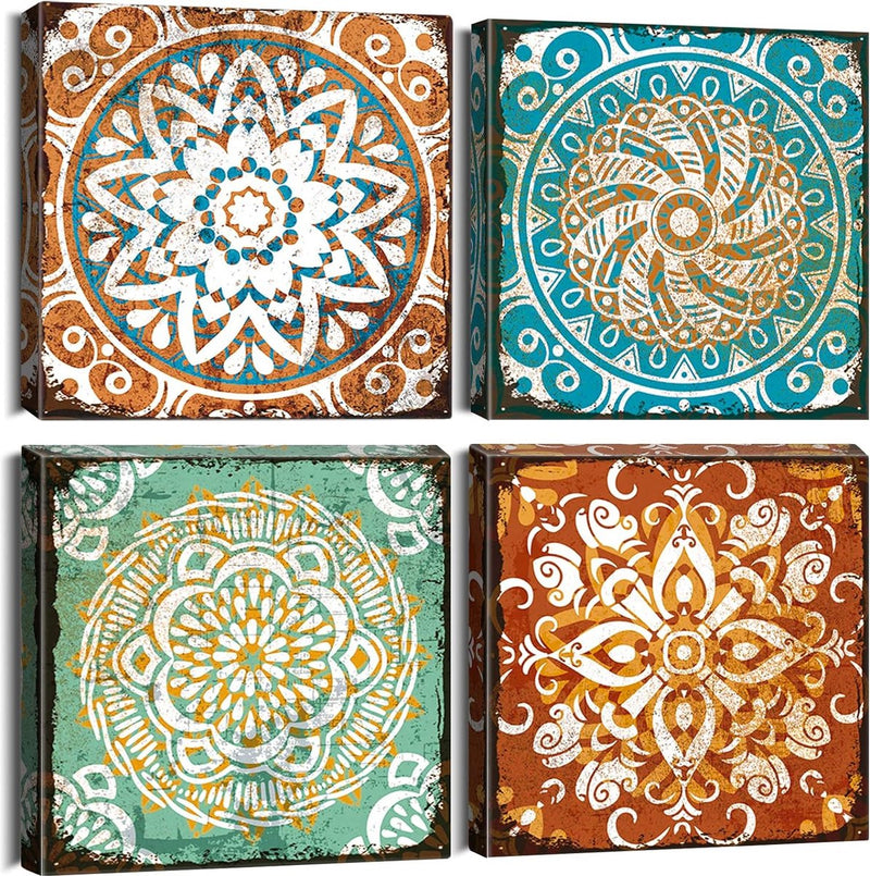 4-delige canvasafbeeldingen met houten lijst, canvasafbeeldingen 30 x 30 cm, moderne muurafbeeldingen, kunstdruk, wanddecoratie voor woonkamer, slaapkamer, huis, kantoor, eetkamer (Mandala)