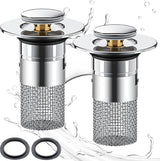 Set van 2 gootsteenpluggen, afvoerzeef, afvoerfitting, wastafel, universele pop-up gootsteenplug, roestvrij staal, voor 34-40 mm afvoerafvoerplug voor badkuip