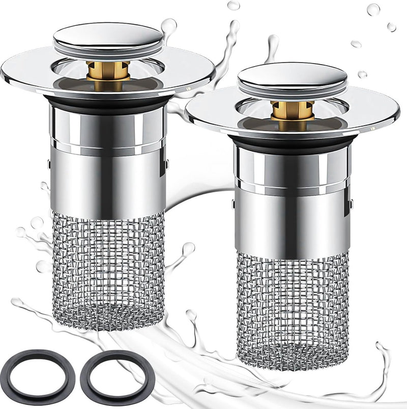 Set van 2 gootsteenpluggen, afvoerzeef, afvoerfitting, wastafel, universele pop-up gootsteenplug, roestvrij staal, voor 34-40 mm afvoerafvoerplug voor badkuip