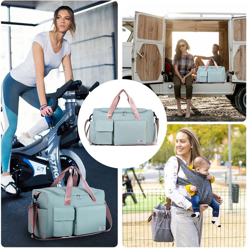 35L sporttas voor dames, opvouwbare reistas met schoenenvak en natvak, waterafstotende weekendtas, gymreistas, handbagage, trainingstas voor dames, heren, groen en roze