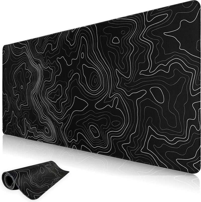 Muismat Zwart Minimalistisch Topografische Kaarten Bureau-onderlegger, wasbare muismat XXL Gaming met gestikte randen voor toetsenbord, pc-muis en laptop 800x350mm