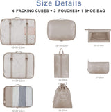 Kofferorganizerset, 8-delig, verpakkingskubussen, vakantie- en reis-hangmandset, beige