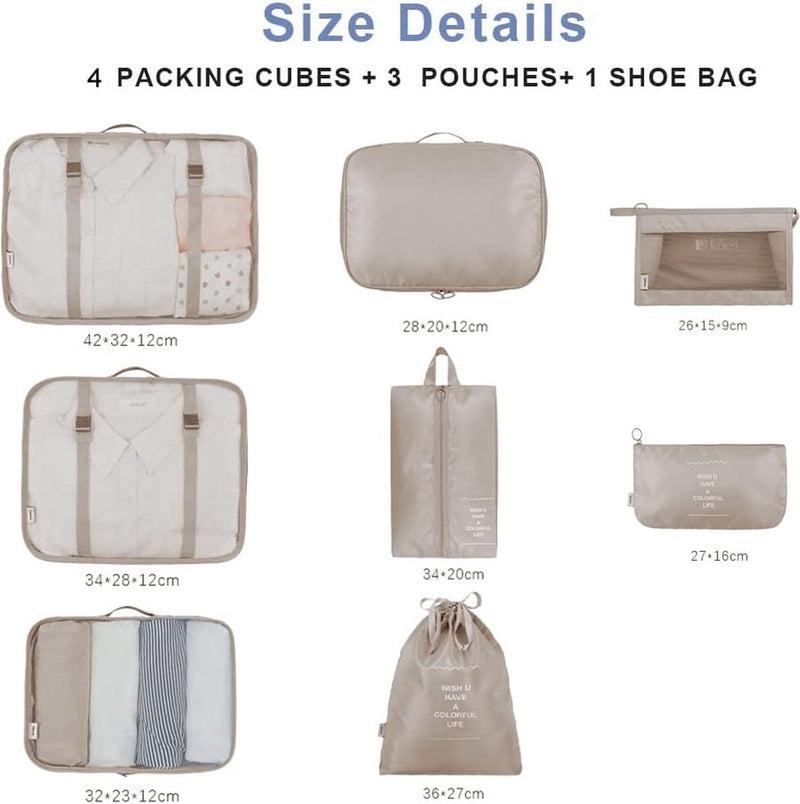 Kofferorganizerset, 8-delig, verpakkingskubussen, vakantie- en reis-hangmandset, beige