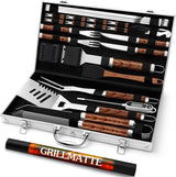 26 stuks roestvrij stalen barbecue-accessoires, hoogwaardige BBQ-grillbestek, koffer, perfecte grillgereedschapsset voor mannen, cadeau met draagbare opbergkoffer en vleesthermometer, bruin