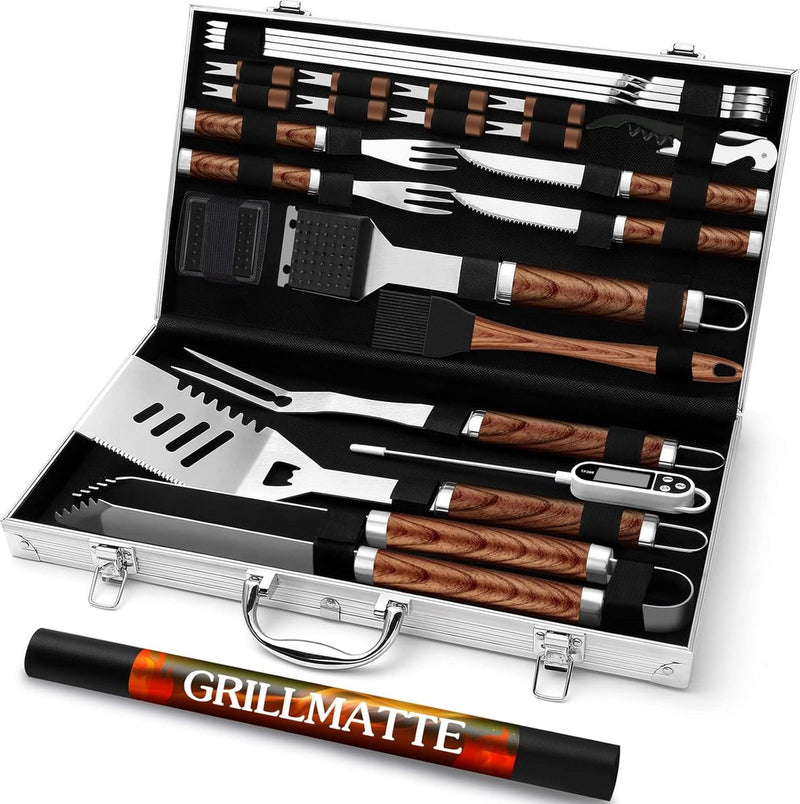 26 stuks roestvrij stalen barbecue-accessoires, hoogwaardige BBQ-grillbestek, koffer, perfecte grillgereedschapsset voor mannen, cadeau met draagbare opbergkoffer en vleesthermometer, bruin