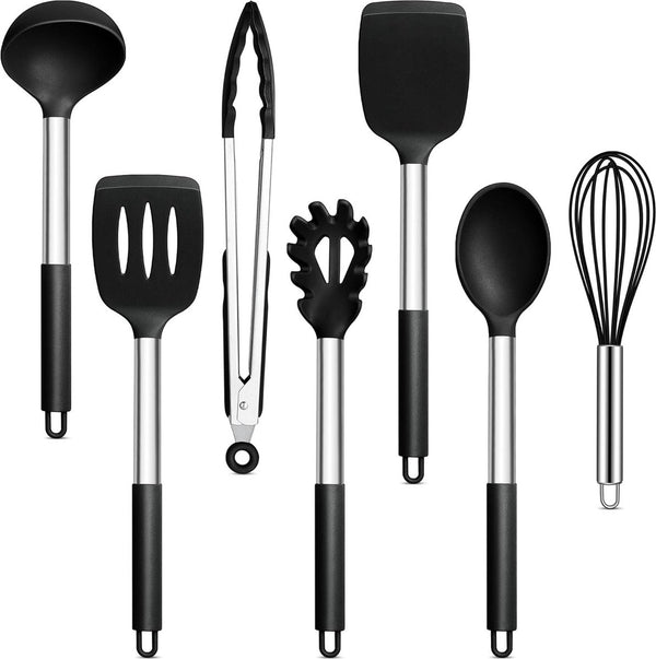 Keukenhulpset, 7 stuks kookbestek, keukengereiset, zwart anti-aanbaklaag, hittebestendige spatel, kookgerei voor koken, bakken, flip, gemakkelijk te reinigen en vaatwasmachinebestendig