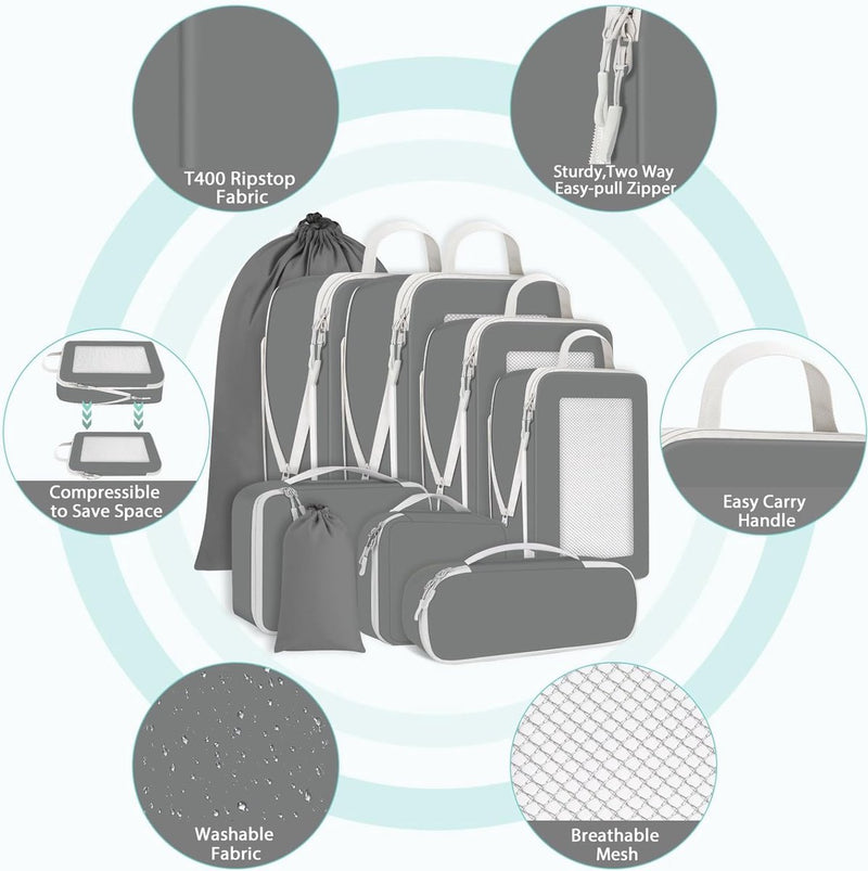 Kofferorganizerset met compressie, 9-delig, packing cubes compressie, reisorganizer voor koffer en rugzak, paktassen voor koffer, kofferorganizer, kledingtassen, verpakkingskubus, grijs