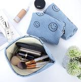 Toilettas voor op reis, corduroy fluwelen cosmeticatas, make-uptas met glimlachgezicht, corduroy smile-print, make-up-organizer, wastas voor reizen, kinderen, meisjes, dames, 2 stuks blauw, mode