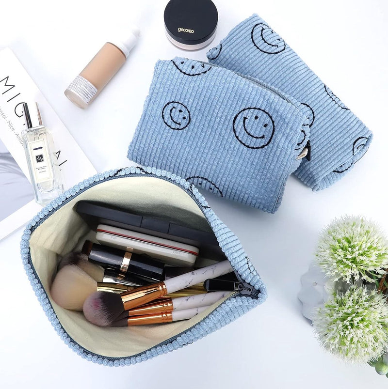Toilettas voor op reis, corduroy fluwelen cosmeticatas, make-uptas met glimlachgezicht, corduroy smile-print, make-up-organizer, wastas voor reizen, kinderen, meisjes, dames, 2 stuks blauw, mode