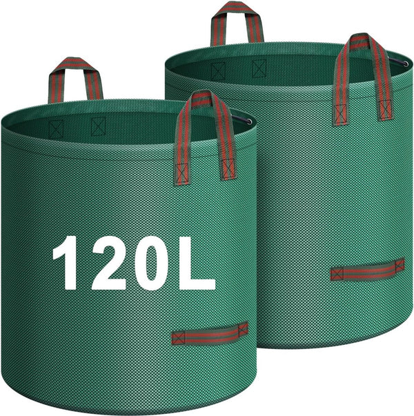 Tuinafvalzak, 2 x 120 liter, zelfstaande tuinzak met 4 handgrepen, robuust en waterdicht, stabiel, robuust en opvouwbaar, grote afvalzak voor gras, bladeren, heg, tuinafval