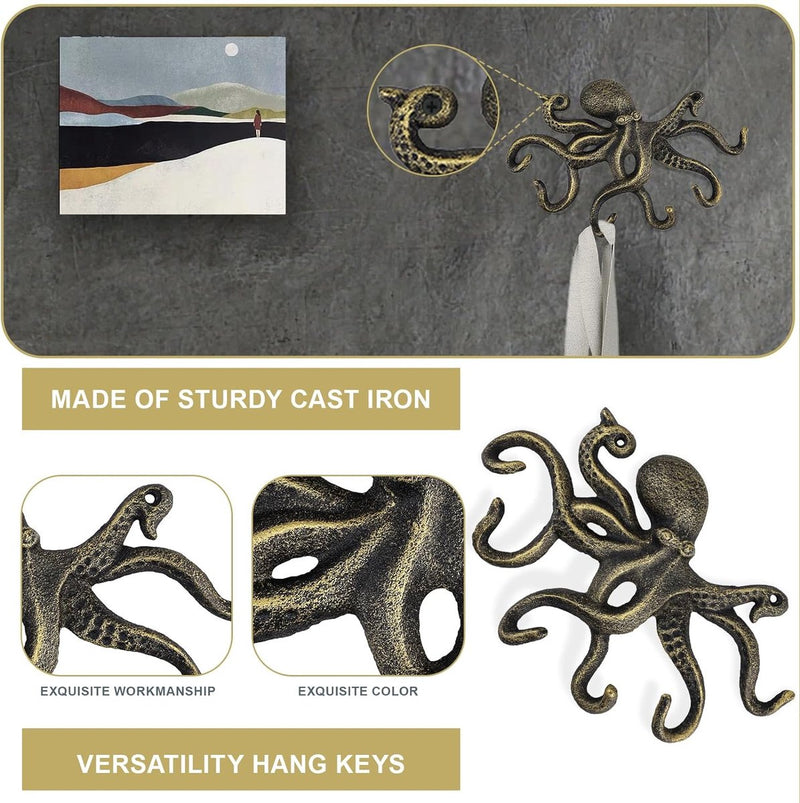 Oktopus garderobehaken, rustieke garderobehaken, gietijzeren wandhaken met schroeven, kledinghaken, om op te hangen, kleding, sleutels, hoeden, tassen, zwart-goud