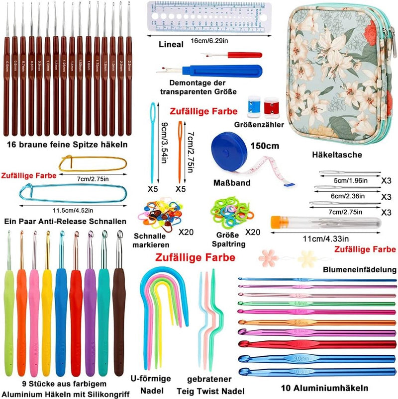 Haaknaaldenset, ergonomische zachte rubberen haaknaalden met comfortabele handgreep voor het breien voor beginners, volwassenen, kleurrijke haaksets, accessoiresets en verschillende soorten naalden