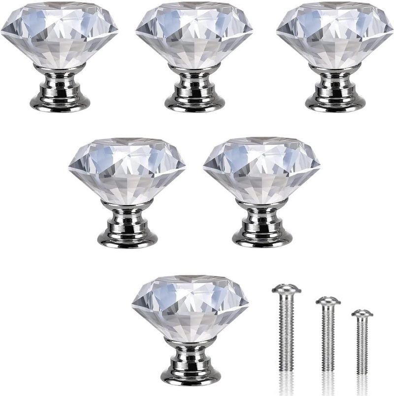 6 stuks meubelknoppen, kristallen ladeknoppen, moderne mode commodeknoppen, kristalheldere deurknop, 30 mm zinklegering kristalglas handgrepen, met schroeven in 3 maten (zilver)