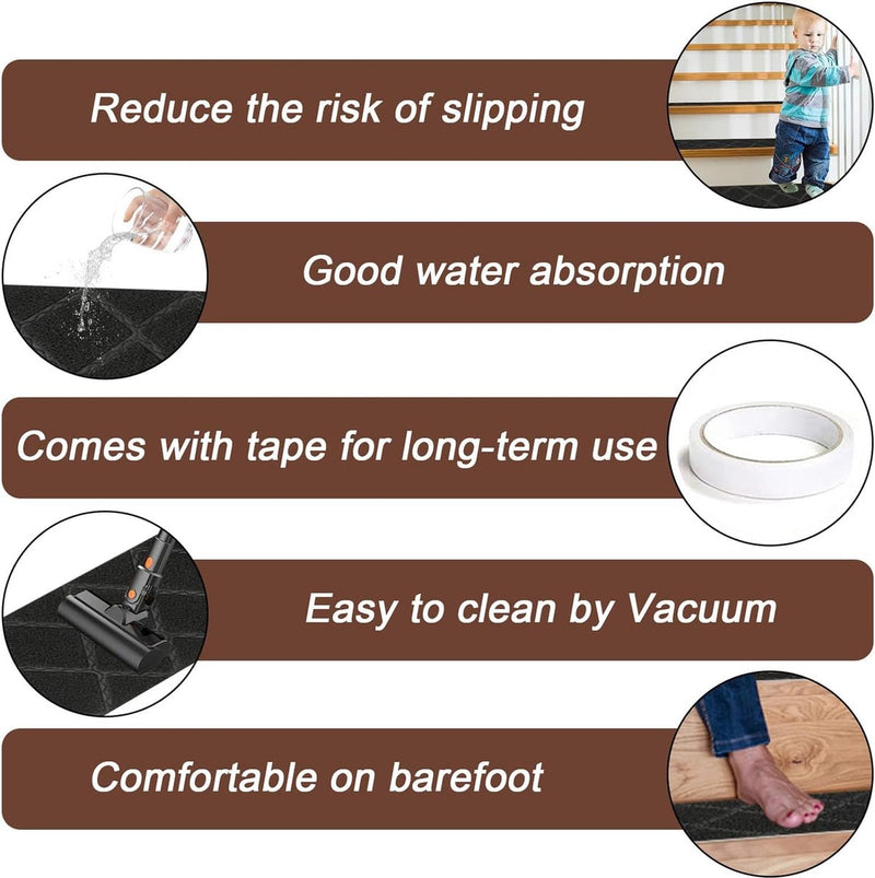 Set van 15 trapmatten, voor binnen, 76 x 20 cm, zwart, rechthoekig, trapmatten, zelfklevend, grijs, traptapijt, antislip, traptapijt voor kinderen, ouderen en honden