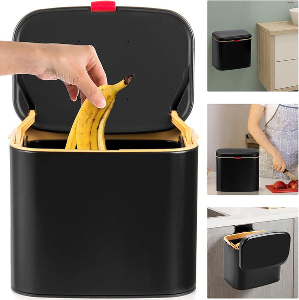 hangende keukencompostbak met deksel 4L verwijderbare roestvrijstalen prullenbak kleine keukenprullenbak voor aanrechtkast onder gootsteen zwart
