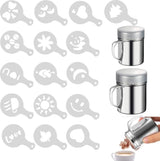 Icing Sugar Shaker Set - 2 cacao- en koffie-sjabloonshakers met 16 verschillende sjablonen, roestvrijstalen gaassjablonen voor chocolade, keuken, drankjes en bakken (2 maten)