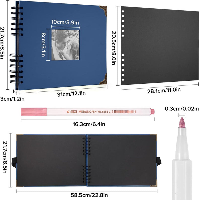 Fotoalbum 29,5 x 21 cm fotoalbum om zelf vorm te geven, zwart, fotoboek met 80 pagina's scrapbook, voor 160 foto's, incl. 6 metallic kleurmarkers, gastenboek voor verjaardag en bruiloft