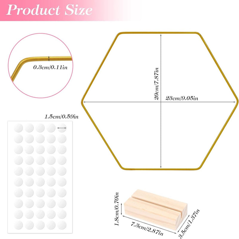 6 stuks metalen ringen om te knutselen, 20 cm zeshoekige decoratieve metalen ring met 6 houten standaarden, gouden draadringen om te knutselen, metalen decoratieve ringen voor doe-het-zelf handwerk, bruiloft, feest, tafelversiering